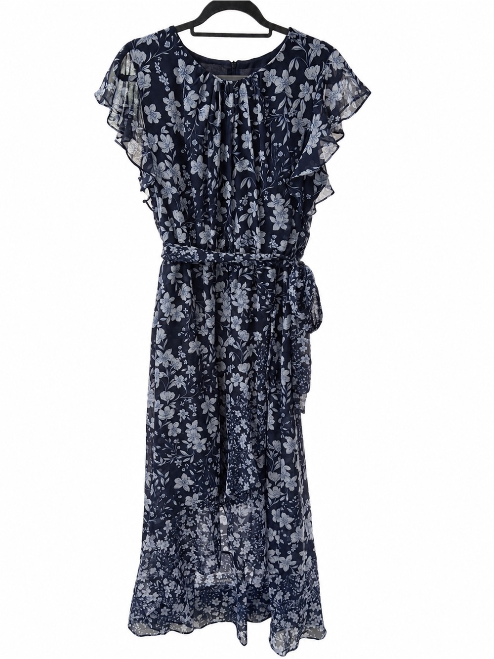Jessica Howard 14W Navy Floral Chiffon Maxi Dress Flutter Sleeve Wedding Guest